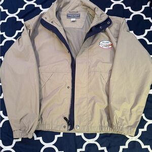 Tan Windbreaker with Navy Collar and Elastic Cuffs